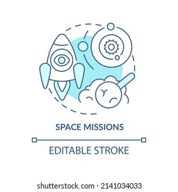 Space missions turquoise concept icon. Scientific research. Spacetech trend abstract idea thin line illustration. Isolated outline drawing. Editable stroke. Arial, Myriad Pro-Bold fonts used