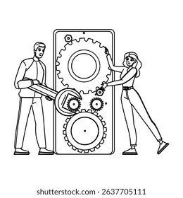 space mobile optimization vector. implementation engine, phone hand, image seo space mobile optimization character. people black line pencil drawing illustration