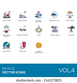Space modern icon set. Distant colony, martian habitat, planetary exploration, light speed travel, supply delivery, rocket carrier plane, tektite, catapult, telescope, aurora borealis, golden record.