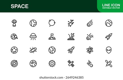 Space, Modern Line Icon Pack - Uma coleção profissional, mínima e criativa de símbolos cósmicos e astronômicos em estilo de arte vetorial.