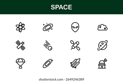 Space, Modern Line Icon Pack - Uma coleção profissional, mínima e criativa de símbolos cósmicos e astronômicos em estilo de arte vetorial.
