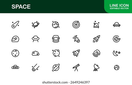Space, Modern Line Icon Pack - Uma coleção profissional, mínima e criativa de símbolos cósmicos e astronômicos em estilo de arte vetorial.