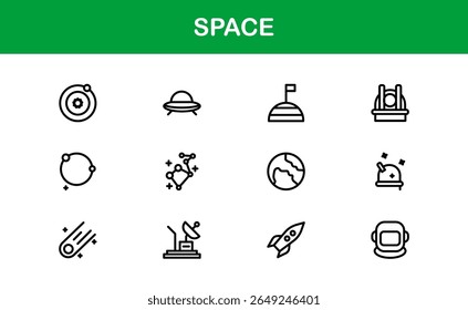 Space, Modern Line Icon Pack - Uma coleção profissional, mínima e criativa de símbolos cósmicos e astronômicos em estilo de arte vetorial.