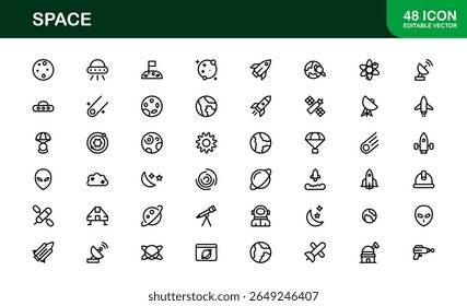 Space, Modern Line Icon Pack - Uma coleção profissional, mínima e criativa de símbolos cósmicos e astronômicos em estilo de arte vetorial.