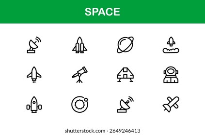 Space, Modern Line Icon Pack - Uma coleção profissional, mínima e criativa de símbolos cósmicos e astronômicos em estilo de arte vetorial.