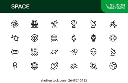 Space, Modern Line Icon Pack - Uma coleção profissional, mínima e criativa de símbolos cósmicos e astronômicos em estilo de arte vetorial.