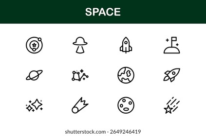 Space, Modern Line Icon Pack - Uma coleção profissional, mínima e criativa de símbolos cósmicos e astronômicos em estilo de arte vetorial.