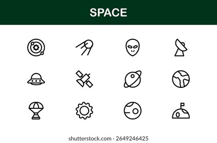 Space, Modern Line Icon Pack - Uma coleção profissional, mínima e criativa de símbolos cósmicos e astronômicos em estilo de arte vetorial.