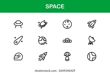Space, Modern Line Icon Pack - Uma coleção profissional, mínima e criativa de símbolos cósmicos e astronômicos em estilo de arte vetorial.