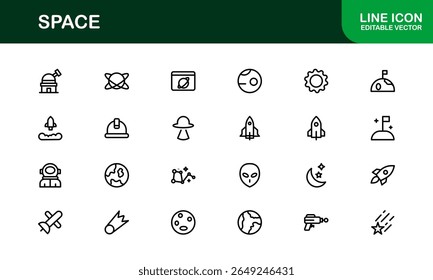 Space, Modern Line Icon Pack - Uma coleção profissional, mínima e criativa de símbolos cósmicos e astronômicos em estilo de arte vetorial.