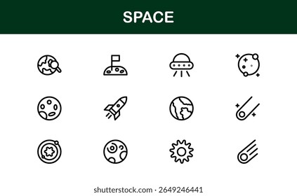 Space, Modern Line Icon Pack - Uma coleção profissional, mínima e criativa de símbolos cósmicos e astronômicos em estilo de arte vetorial.