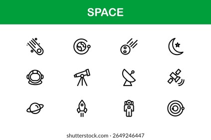 Space, Modern Line Icon Pack - Uma coleção profissional, mínima e criativa de símbolos cósmicos e astronômicos em estilo de arte vetorial.