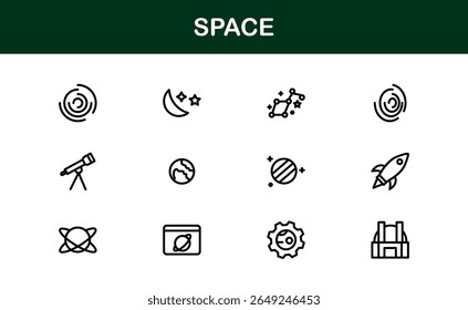 Space, Modern Line Icon Pack - Uma coleção profissional, mínima e criativa de símbolos cósmicos e astronômicos em estilo de arte vetorial.