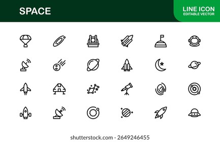 Space, Modern Line Icon Pack - Uma coleção profissional, mínima e criativa de símbolos cósmicos e astronômicos em estilo de arte vetorial.