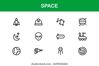 Space, Modern Line Icon Pack - Uma coleção profissional, mínima e criativa de símbolos cósmicos e astronômicos em estilo de arte vetorial.