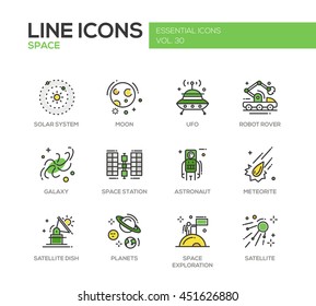 The Space - modern vector line design icons and pictograms set. Solar system, moon, ufo, robot rover, galaxy, space station, astronaut, meteorite, satellite, planets exploration