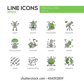 The Space - modern vector line design icons and pictograms set. Robot, shuttle, telescope, capsule, moon car, liftoff, rocket, stars, constellation alien spaceship earth