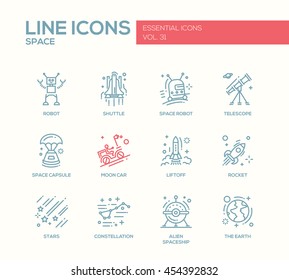 The Space - modern vector plain line design icons and pictograms set. Robot, shuttle, telescope, capsule, moon car, liftoff, rocket, stars, constellation alien spaceship earth