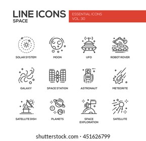 The Space - modern vector plain simple line design icons and pictograms set. Solar system, moon, ufo, robot rover, galaxy, space station, astronaut, meteorite, satellite, planets exploration