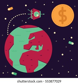 Space module leaves earth in direction towards a coin-shaped moon