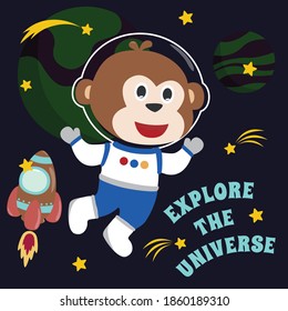 Space monkey or astronaut in a space suit with cartoon style. Can be used for t-shirt print, kids wear fashion design, invitation card. fabric, textile, nursery wallpaper, poster and other decoration.