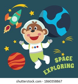 Space monkey or astronaut in a space suit with cartoon style. Can be used for t-shirt print, kids wear fashion design, invitation card. fabric, textile, nursery wallpaper, poster and other decoration.