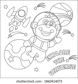 Space monkey or astronaut in a space suit with cartoon style. Creative vector Childish design for kids activity colouring book or page.