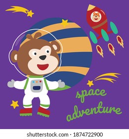 Space monkey or astronaut in a space suit with cartoon style. Can be used for t-shirt print, kids wear fashion design, invitation card. fabric, textile, nursery wallpaper, poster and other decoration.