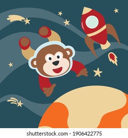 Space monkey or astronaut in a space suit with cartoon style. Can be used for t-shirt print, kids wear fashion design, invitation card. fabric, textile, nursery wallpaper, poster and other decoration.