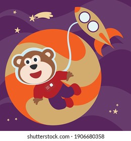 Space monkey or astronaut in a space suit with cartoon style. Can be used for t-shirt print, kids wear fashion design, invitation card. fabric, textile, nursery wallpaper, poster and other decoration.