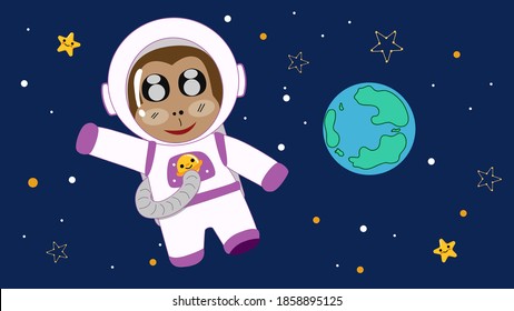 Mono espacial o astronauta con traje espacial de fondo azul.
