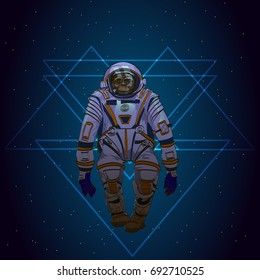 Space monkey cosmonaut with geometric elements and background. Vector illustration.