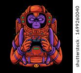 Space monkey holding game controller illustration. Monkey gamer design for t-shirt, poster, or sticker