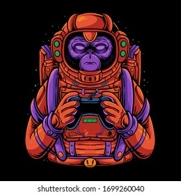 Space monkey holding game controller illustration. Monkey gamer design for t-shirt, poster, or sticker