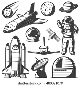 Space monochrome elements set with astronaut shuttles and rockets cosmic objects observatory and radar isolated vector illustration  