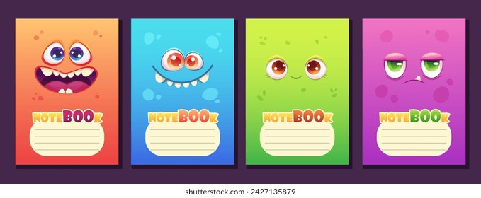 Space monster notebook cover. Set of colorful prints for notebooks with lines for text. Cartoon vector template in A5 format