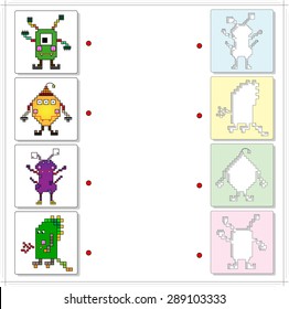 Space monsters and aliens. Educational game for kids. Choose the correct silhouettes on the opposite side and connect the points