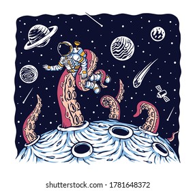 Space monsters attack astronaut vector illustration