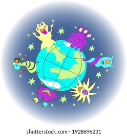 space monsters and planet.  for printing on clothes.  textile design.  baby prints