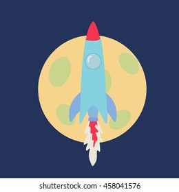  Space & Moon. Flying Rocket with Flame . Vector illustration. Startup launch Abstract Infographics Concept. flat style
