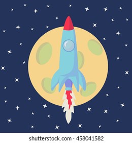  Space & Moon. Flying Rocket with Flame . Vector illustration. Startup launch Abstract Infographics Concept. flat style
