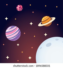 space moon planets and stars galaxy solar system cartoon vector illustration