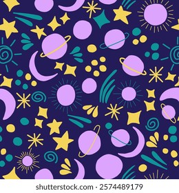 space, moon, and stars pattern, hand drawing illustration, doodle