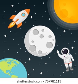 space with moon, sun, rocket, astronaut flat design