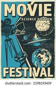 Space Movies Colorful Poster Vintage Science Fiction Festival And Shooting Films About Aliens And Inhabitants Planets Of Universe Vector Illustration