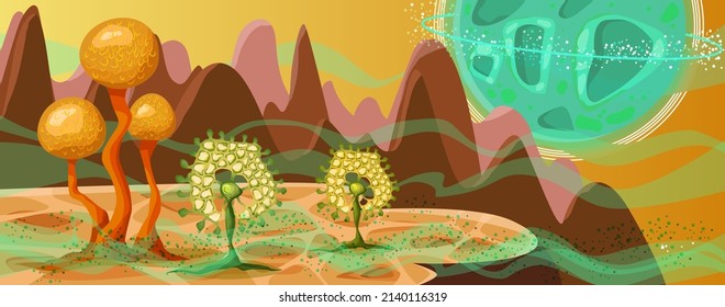 Space Mushrooms On An Unknown Planet And Space Debris And Gases, Vector Flute Illustration, Suitable For Use On Websites In Advertising, Illustration.