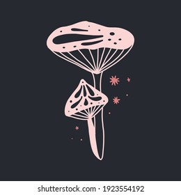 Space mushrooms poster. Hand drawn line pastel colored mushroom collection. Cosmos, magic or forest doodle plants, fantastic decorative object cartoon isolated vector illustration for prints