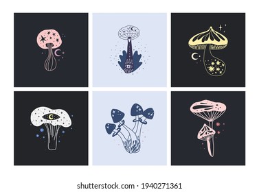 Space mushrooms poster set. Hand drawn line pastel colored mushroom collection. Cosmos, magic or forest doodle plants, fantastic decorative background, vector cartoon isolated illustration for prints
