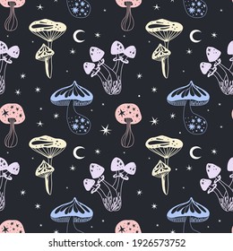 Space mushrooms seamless pattern. Hand drawn line pastel colored mushroom collection. Cosmos, magic or forest doodle plants, fantastic decor textile, wrapping paper wallpaper vector print or fabric