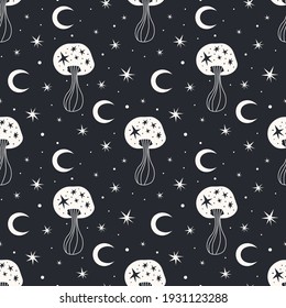 Space mushrooms seamless pattern. Hand drawn line pastel colored mushroom collection. Cosmos, magic or forest doodle plants, fantastic decor textile, wrapping paper wallpaper vector print or fabric